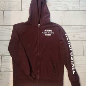 Men's Aeropostale Logo Aero New York 1987 Maroon Zip-Up Hoodie Size Medium Comfy